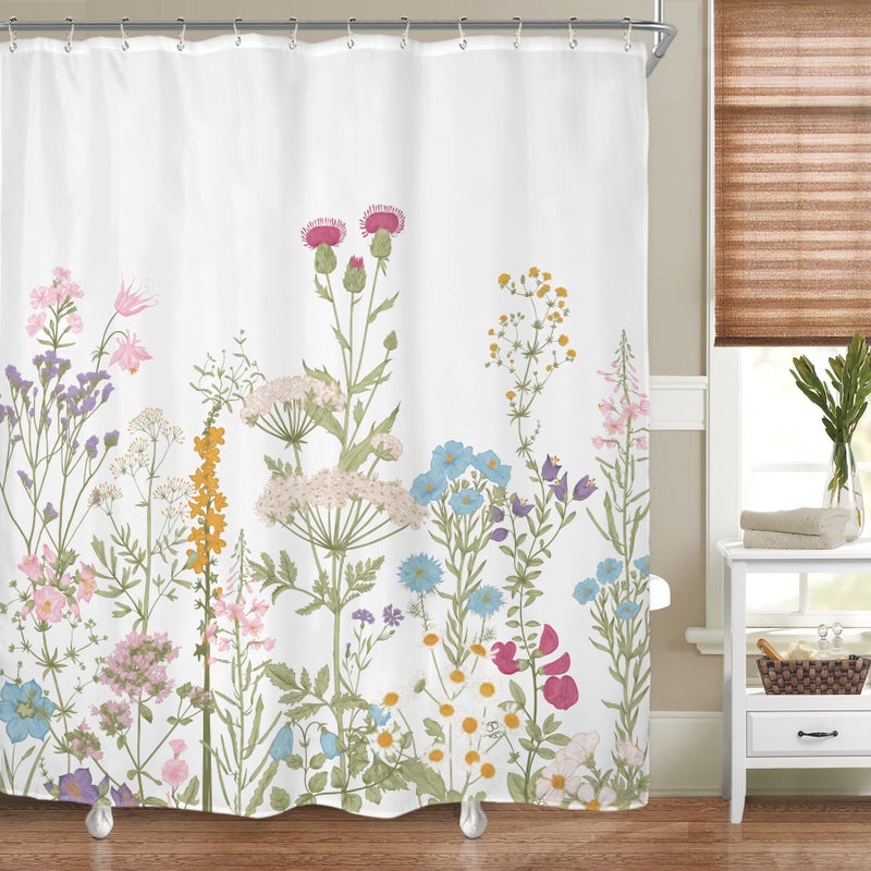 Riyidecor Wildflower Floral Shower Curtain for Bathroom Accessories 60Wx72H Inch Watercolor Flower Plant Botanical Herbs Spring Grass Colorful Blossoms Fabric Bathroom Decor Set 12 Pack Plastic Hooks - Image 2