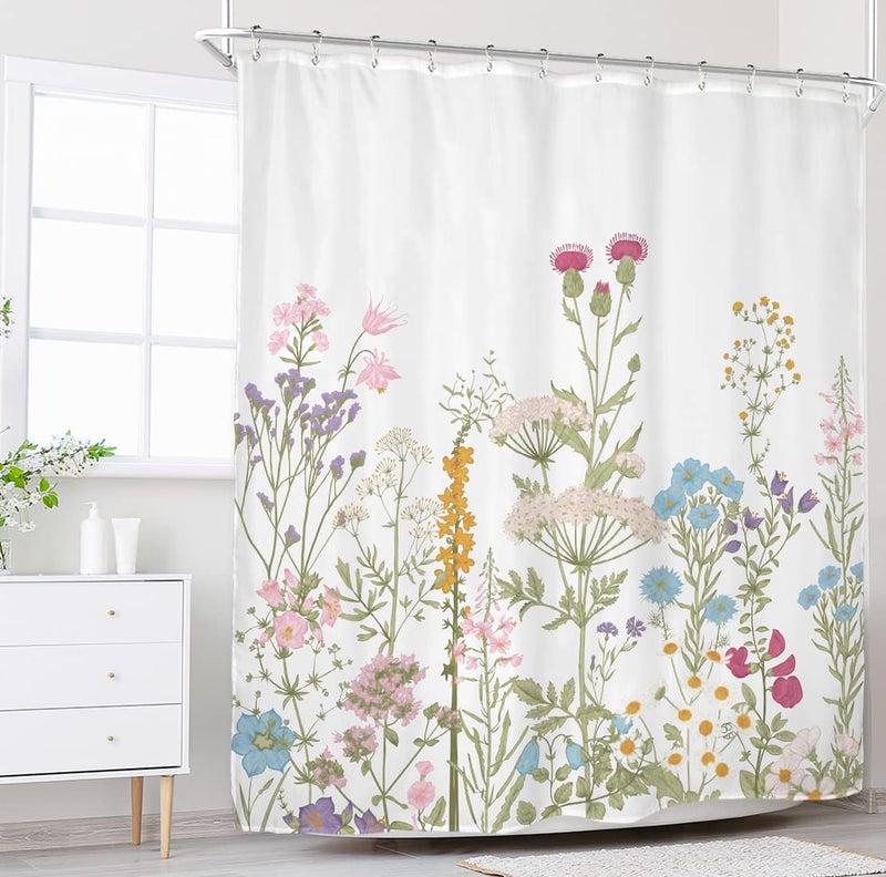 Riyidecor Wildflower Floral Shower Curtain for Bathroom Accessories 60Wx72H Inch Watercolor Flower Plant Botanical Herbs Spring Grass Colorful Blossoms Fabric Bathroom Decor Set 12 Pack Plastic Hooks - Image 3