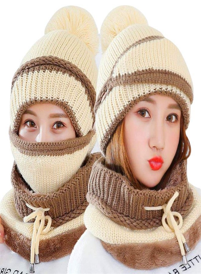 techcity 3 in 1 Warm Thick Knitted Beanie Hat Scarf and Mask Set Slouchy Snow Knit Cap Infinity Scarves for Women (Beige) - Image 2
