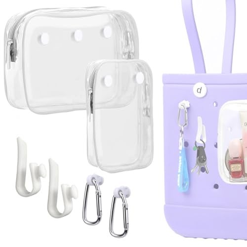 Everfunny 3 Packs Clear Bogg Beach Tote Bag with 2 Pack Insert Hooks Accessories for Bogg Bags Travel Makeup Clean Toiletry Brush Organizer Cosmetic Divider Storage Inner Pouch (White set of 2) - Image 1