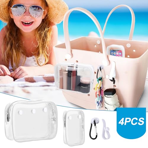 Everfunny 3 Packs Clear Bogg Beach Tote Bag with 2 Pack Insert Hooks Accessories for Bogg Bags Travel Makeup Clean Toiletry Brush Organizer Cosmetic Divider Storage Inner Pouch (White set of 2) - Image 2