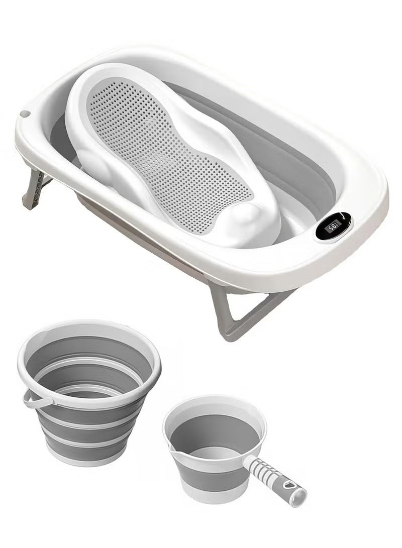 Bolivia's 4 In 1 Newborn Toddler Foldable Bathtub with Silicone Baby Bather, Collapsible Bucket and Foldable Water Ladle for 0-3 Years Kids,Grey - Image 1