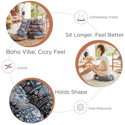 Codi Meditation Floor Pillow, Boho Pillows Seating for Adults and Kids, Large Round Cushion for Yoga Living Room Tatami Sitting, Memory Foam Added, 22x22 Inch, Indigo Elephant - Image 3