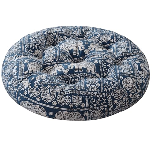 Codi Meditation Floor Pillow, Boho Pillows Seating for Adults and Kids, Large Round Cushion for Yoga Living Room Tatami Sitting, Memory Foam Added, 22x22 Inch, Indigo Elephant - Image 1