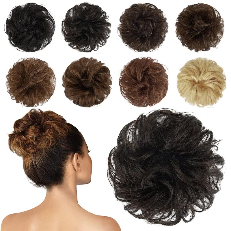FESHFEN Human Messy Buns - 100% Human Hair Bun Real Scrunchies Hair Pieces Ponytail Extensions Wavy Tousled Updo Chignon Hairpieces for Women, Dark Brown