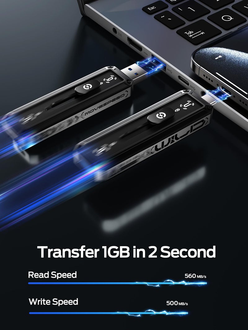 MOVESPEED MOVE SPEED USB Drive 1TB External SSD 560MB/s Read Speed, USB 3.2+USB C Dual Ports External Drive, Portable SSD 3-Stage Push-Pull Design for iPhone 15/16/17 Series/Mac/Android - Image 2
