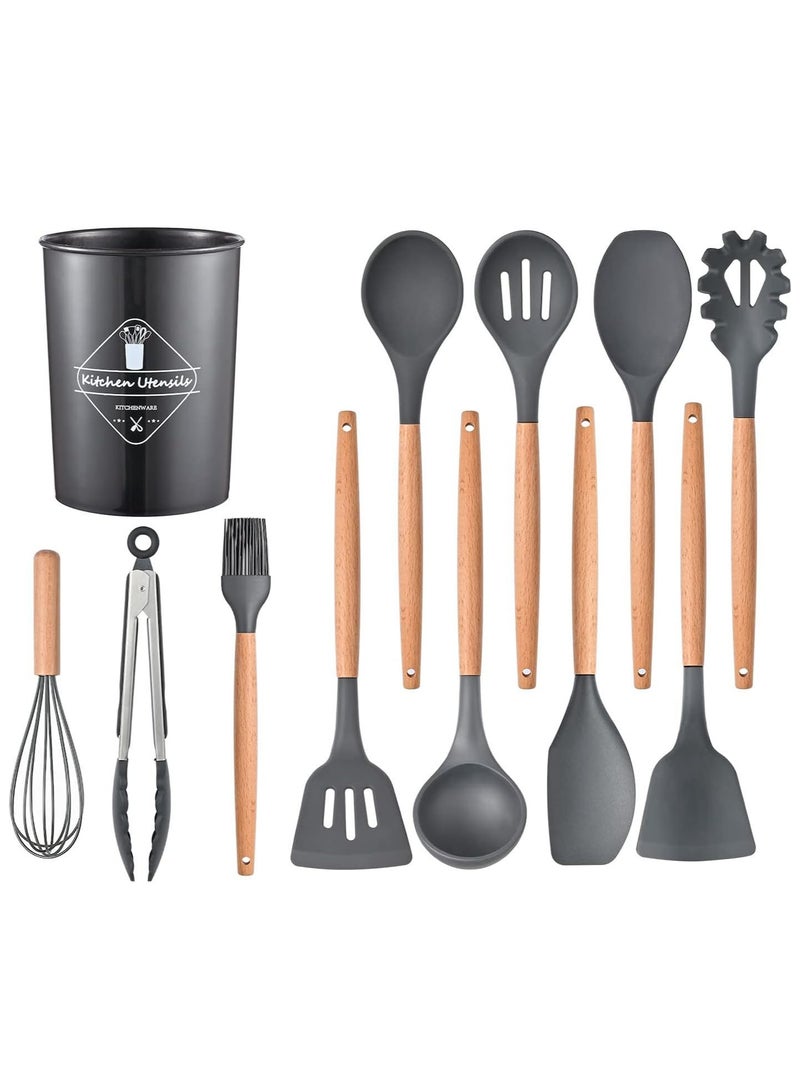 Lesha 12PCS Kitchen Utensil Set Silicone Cooking Utensils Kit Spatula Heat Resistant Wooden Spoons Gadgets Tool for Non-Stick Cookware  - Image 1