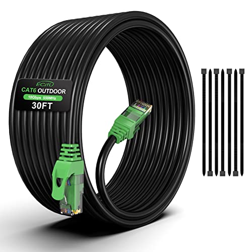 ecjtu 30FT Cat6 Outdoor Ethernet Cable, In-Ground, Heavy Duty Direct Burial, 24AWG CCA Patch Cord for Laptops, PCs, Routers, Printers, Surveillance Camera, PoE, UTP Cat 6 Internet Cable with 25 Cable Ties - Image 1
