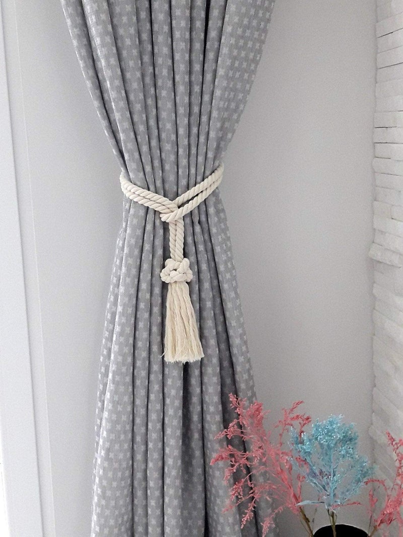 MAKNGRID Tie Backs, Cotton Striped Tie Back, Holdback, Rustic Nautical, Macrame Rope Curtain Window Accessories, Holdback Rustic (White, Medium) - Image 2