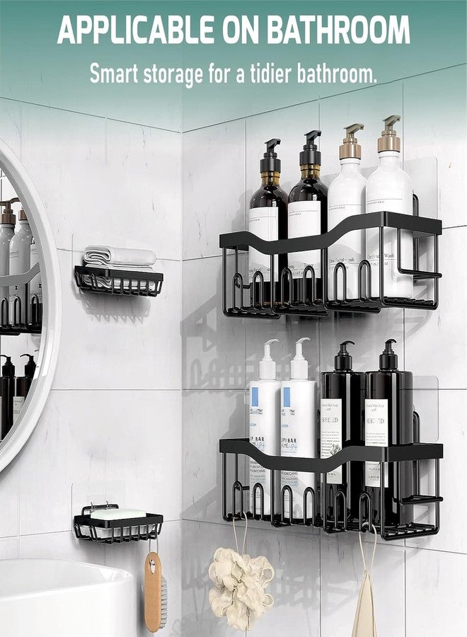 JD FRESH مجموعة رفوف الحمام ذاتية اللصق من JD FRESH 4 في 1 / منظم جداري بدون حفر / رف تخزين معدني مقاوم للصدأ مع حامل صابون وفرشاة أسنان / ملحقات حمام متعددة الأغراض من سبائك الصلب (أسود) - Image 3