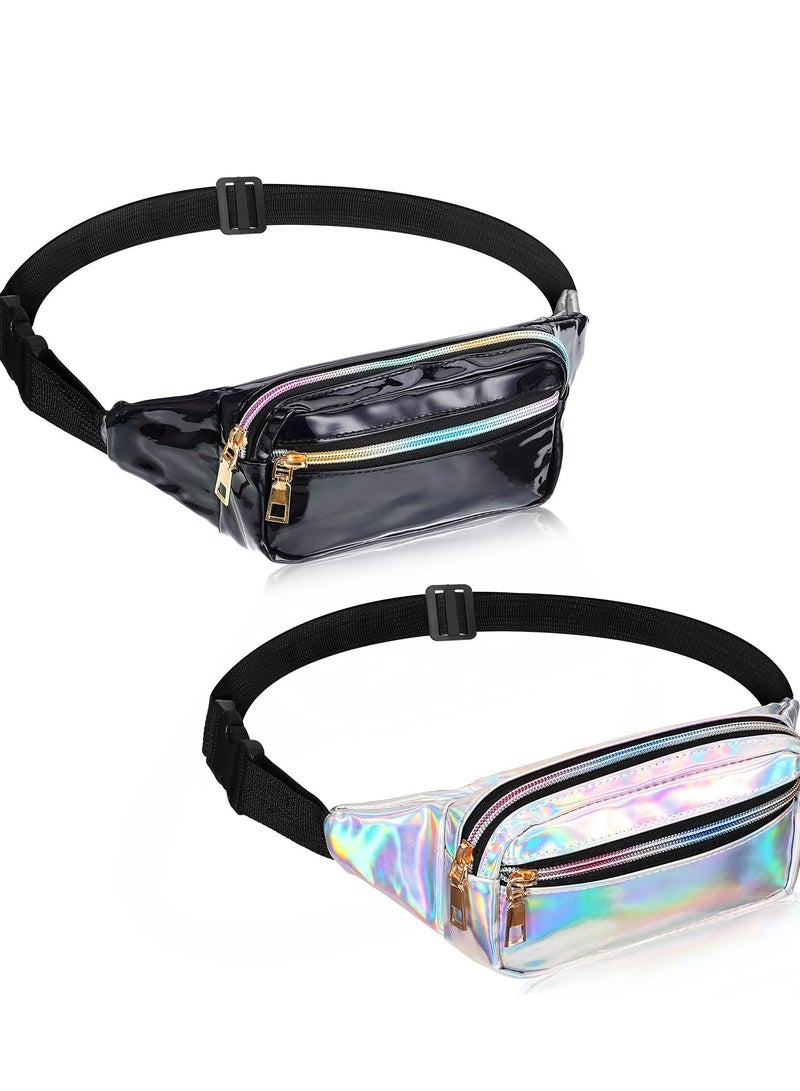 SYOSI 2 Piece Waist Pack Shiny Holographic Waist Pack Waterproof Neon Waist Pack Holiday Ladies, Men'S Pack Outdoor Sports Cell Phone Pack (Silver, Black) - Image 1
