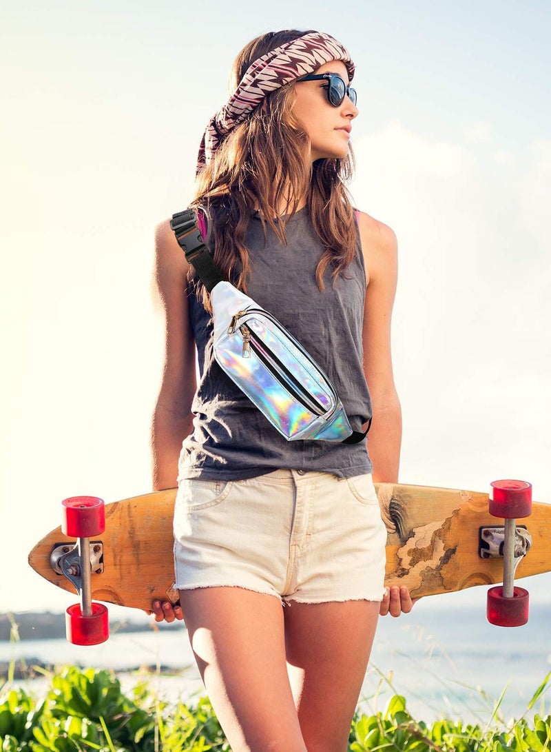 SYOSI 2 Piece Waist Pack Shiny Holographic Waist Pack Waterproof Neon Waist Pack Holiday Ladies, Men'S Pack Outdoor Sports Cell Phone Pack (Silver, Black) - Image 3