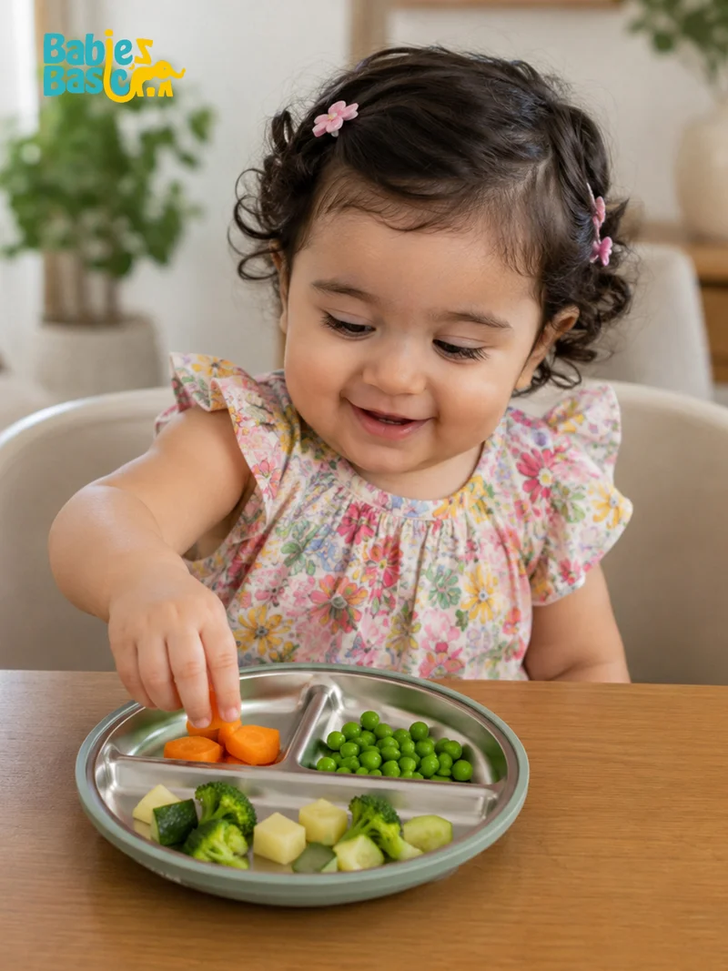 Babies Basic Babies Basic Stainless Steel plate with suction for Kids, Green