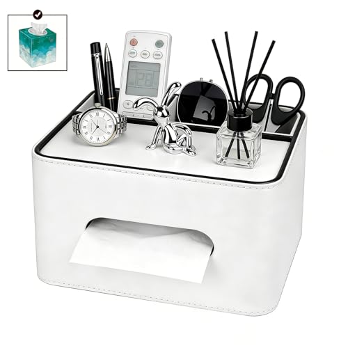 Lixintray PU Leather Tissue Box Cover Square - Multifunctional Box Holder with Storage, Fits 120-Count (3-Ply) & 160-Count (2-Ply) Cube Tissues, Remote Control Organizer for Bedroom Desk Living Room (White) - Image 1