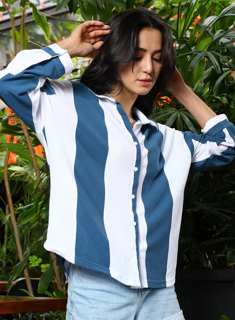 بينيا كولادا Women's Prussian Blue & Chalk White Striped Boxy Shirt For Casual Wear | Spread Collar | Long Sleeve | Button Closure | Shirt Designed With Comfortable Fit For Woman & Girls