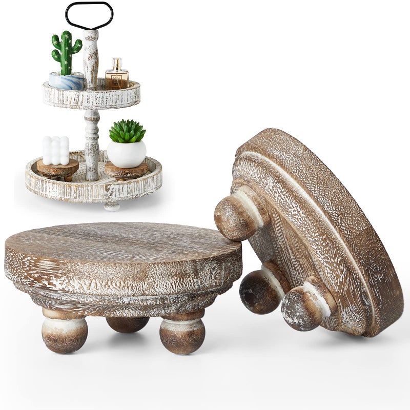 Yalikop Yalikop Set of 2 Mini Wood Risers for Decor Round Wooden Riser Small Wooden Stool Display Stand Farmhouse Rustic Wood Pedestal for Plant Pot Tiered Tray Decor Cake Food Collection DisplayBrown 