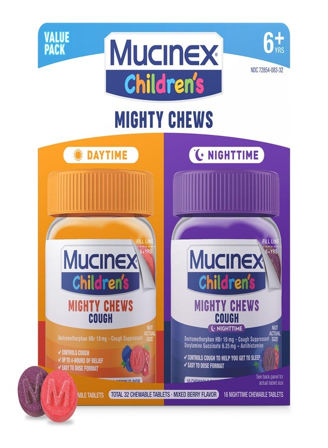 Mucinex Children's Mighty Chews Kids Cough Medicine Daytime and Nighttime Value Pack, Easy to Dose Cough Suppressant for Kids with Dextromethorphan, Mixed Berry Flavor, 32 Medicated Chewable Tablets - Image 1