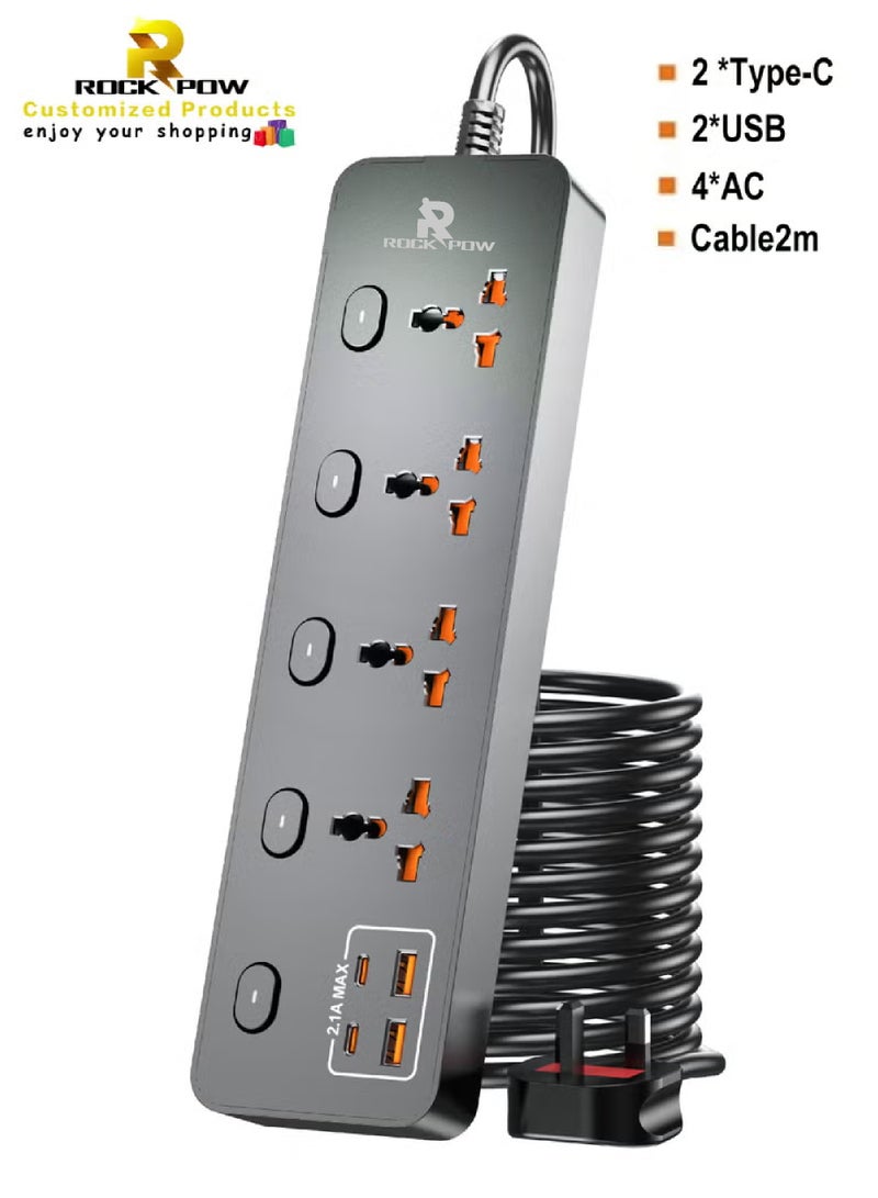 روك بو 2 متر التمديد العالمي الرصاص مع وظيفة متعددة المملكة المتحدة التوصيل 3 دبوس منفذ المقابس مع 4 عصابة 2 منفذ USB 2 نوع-C منفذ 2M المقابس الكهربائي الشريط الرئيسي للمطبخ المنزلي والمكتب 2 متر - Image 1