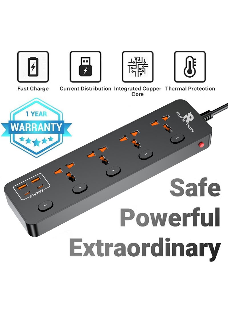 روك بو 2 متر التمديد العالمي الرصاص مع وظيفة متعددة المملكة المتحدة التوصيل 3 دبوس منفذ المقابس مع 4 عصابة 2 منفذ USB 2 نوع-C منفذ 2M المقابس الكهربائي الشريط الرئيسي للمطبخ المنزلي والمكتب 2 متر - Image 2