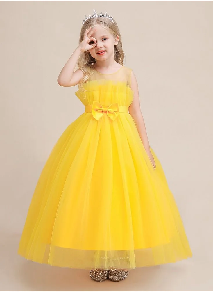 بيبي كلو Yellow mesh party dress with front bow and ruffled hem