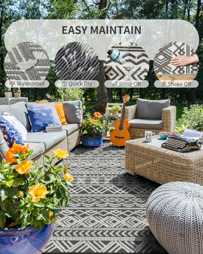 MontVoo Outdoor Rug Carpet Waterproof 5x8 Outdoor Patio Rug Mat Reverisble Plastic Straw Outdoor Rug for RV Camping Picnic Beach Balcony Boho Grey - Image 3