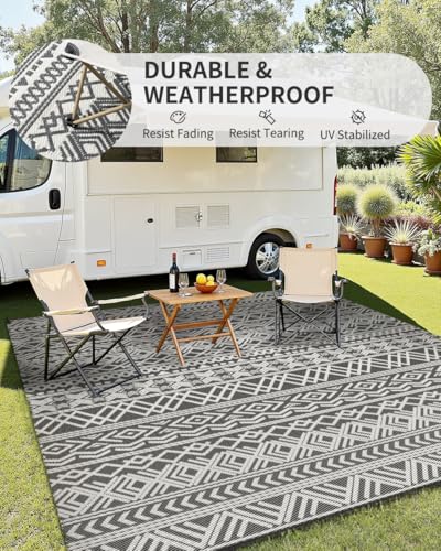 MontVoo Outdoor Rug Carpet Waterproof 5x8 Outdoor Patio Rug Mat Reverisble Plastic Straw Outdoor Rug for RV Camping Picnic Beach Balcony Boho Grey - Image 4