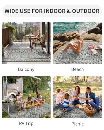 MontVoo Outdoor Rug Carpet Waterproof 5x8 Outdoor Patio Rug Mat Reverisble Plastic Straw Outdoor Rug for RV Camping Picnic Beach Balcony Boho Grey - Image 2