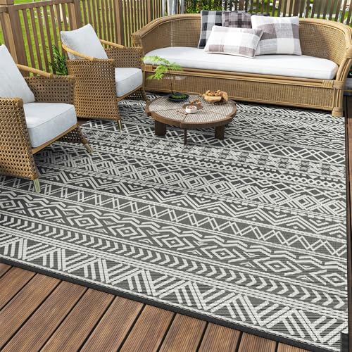MontVoo Outdoor Rug Carpet Waterproof 5x8 Outdoor Patio Rug Mat Reverisble Plastic Straw Outdoor Rug for RV Camping Picnic Beach Balcony Boho Grey - Image 1