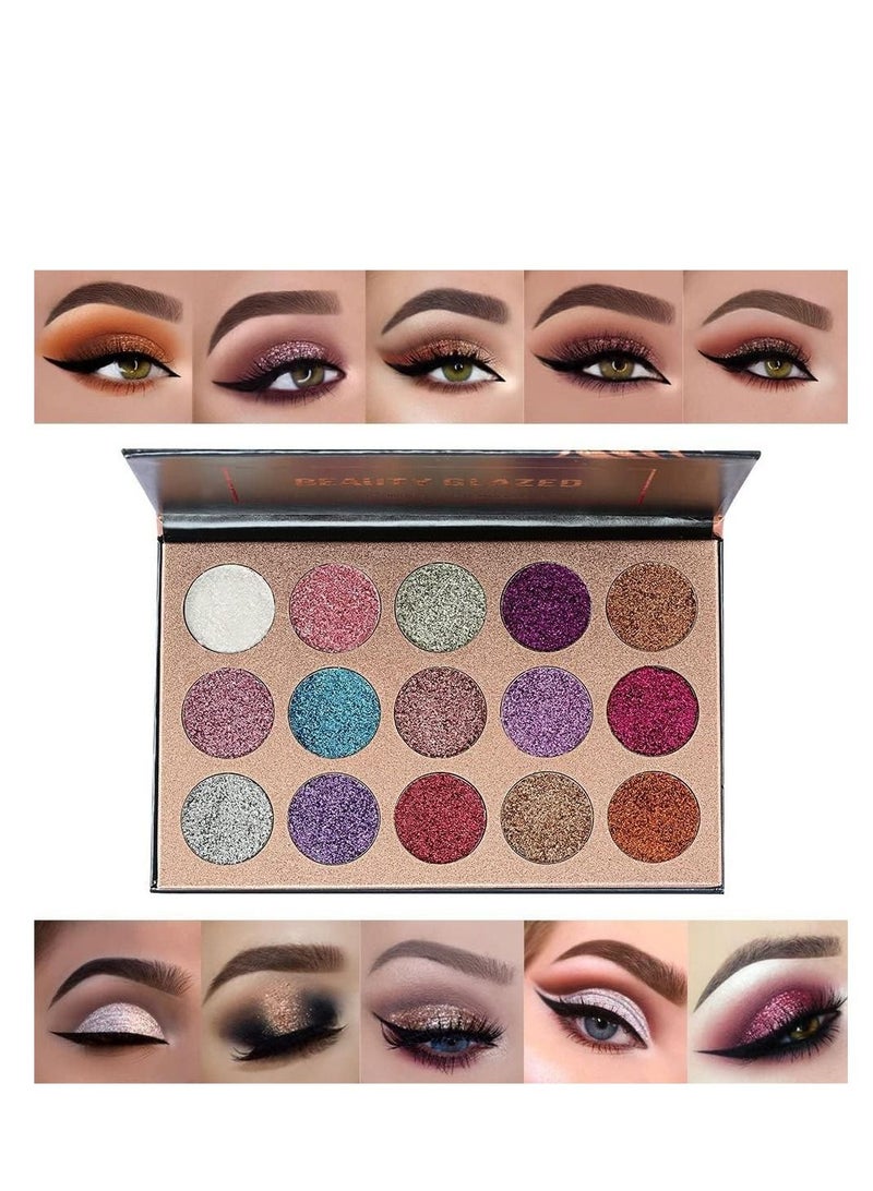 15 Colors Glitter Eyeshadow Palette Shimmer Ultra Pigmented Makeup Eye Shadow Powder Long Lasting Waterproof