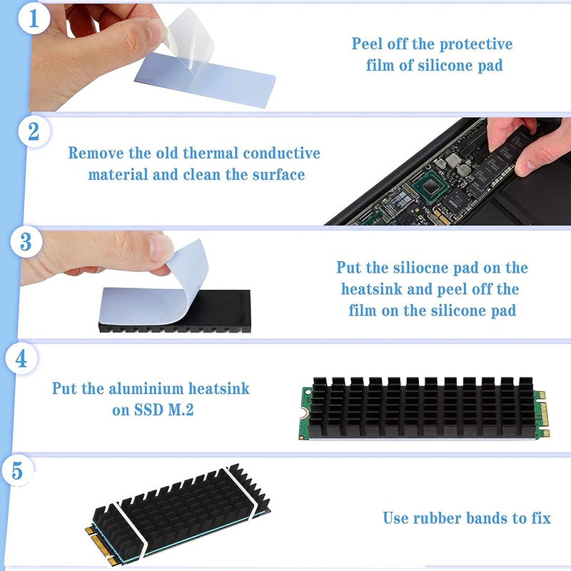 ETZIN مبددات حرارة الألمنيوم لمبردات M.2 SSD، زعانف تبريد SSD M.2 PCIE لأجهزة الكمبيوتر مع وسادات تبديد الحرارة السيليكونية + الملحقات المضمنة (عبوة من 5، باللون الأسود) - Image 2