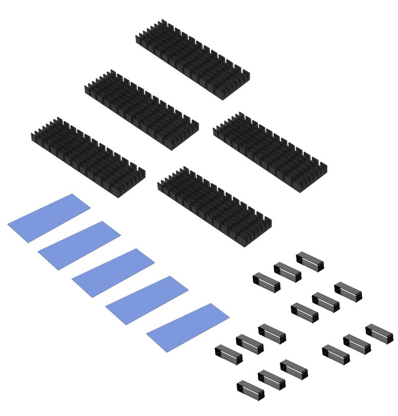 ETZIN مبددات حرارة الألمنيوم لمبردات M.2 SSD، زعانف تبريد SSD M.2 PCIE لأجهزة الكمبيوتر مع وسادات تبديد الحرارة السيليكونية + الملحقات المضمنة (عبوة من 5، باللون الأسود) - Image 1