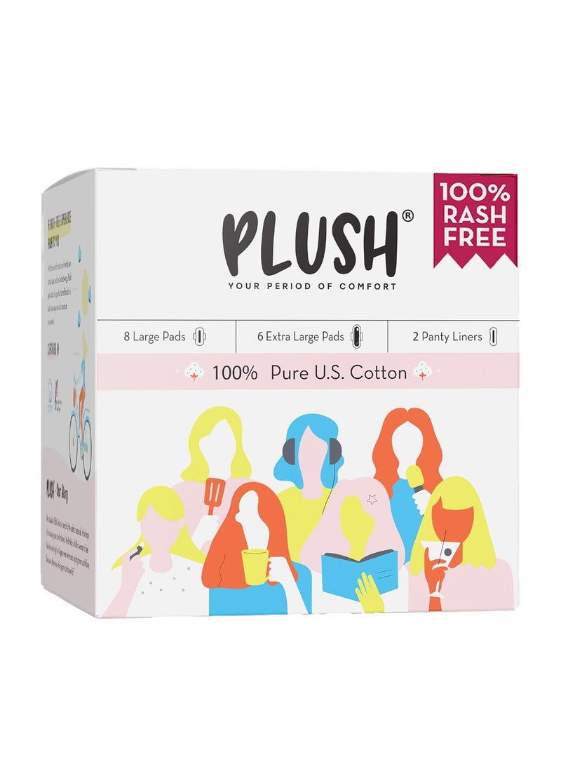 Plush Plush 100% Pure US Cotton Ultra-Thin Rash Free Natural Sanitary Pads for Women | Vegan & Paraben Free | For Normal-Sensitive Skin (Large + XL, 14)  - Image 1