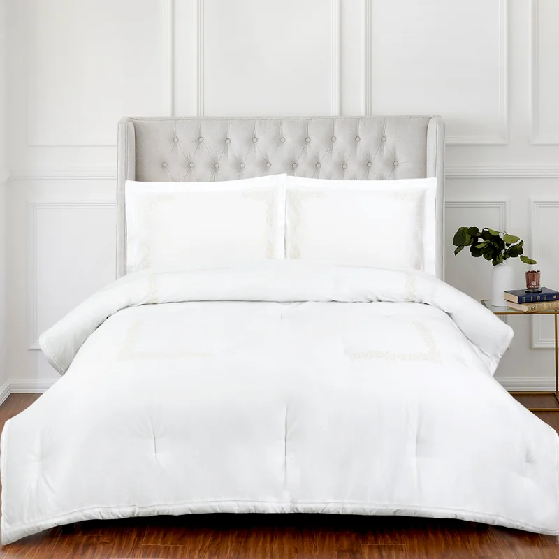 DWELL Dwell-Leane Embroidered 4Pc Comforter Set-Comforter 260 x 240 CM,Fitted Sheet 200 x 200 CM,Pillow case 50 x 80 CM-White/Beige