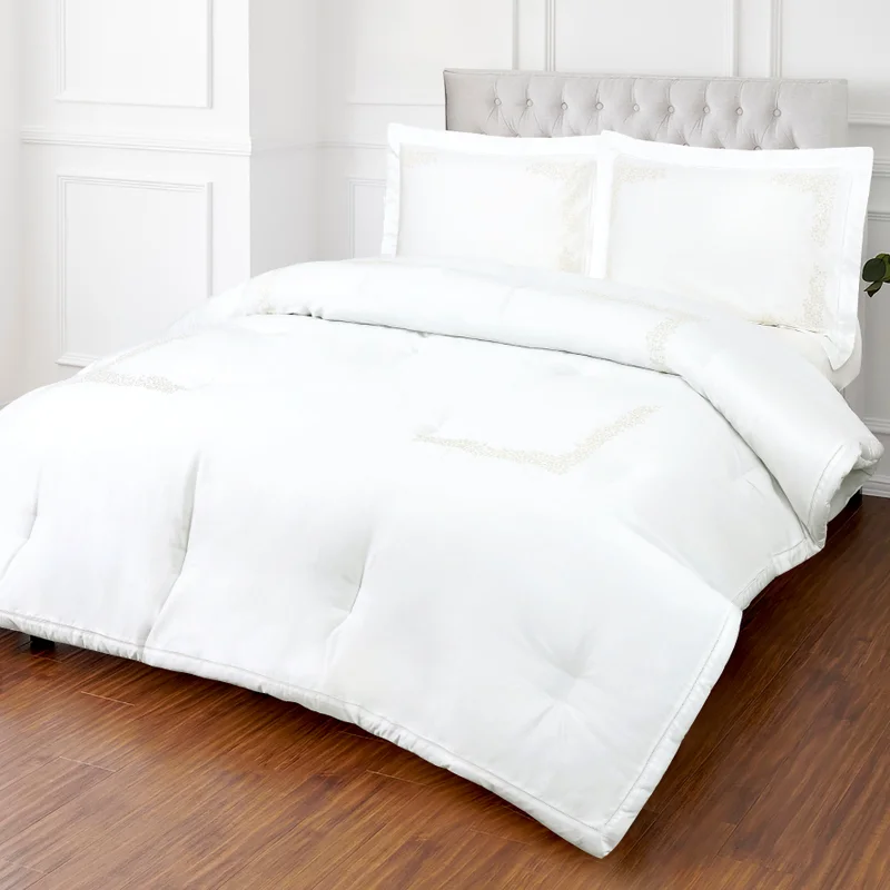 DWELL Dwell-Leane Embroidered 4Pc Comforter Set-Comforter 260 x 240 CM,Fitted Sheet 200 x 200 CM,Pillow case 50 x 80 CM-White/Beige