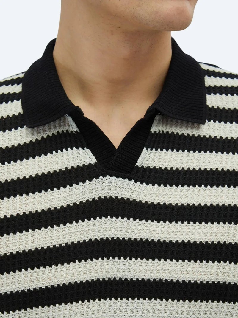Kip Black Striped Polo Neck Cotton Blended T-Shirt - Image 5