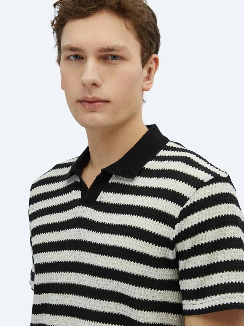 Kip Black Striped Polo Neck Cotton Blended T-Shirt - Image 3
