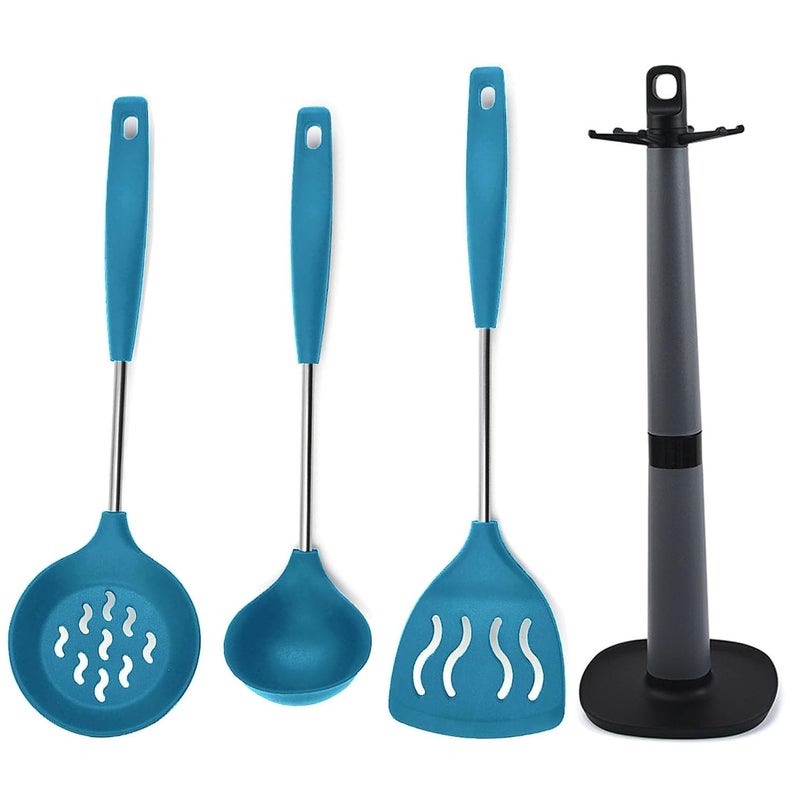 P Plus Fire Non Stick Spoon Silicone Spoon for Cooking Dosa Ladle Soup Ladle Poori Strainer Skimmer Spoon Slotted Spatula Turner Karandi Holder for Kitchen Spatulas Set of 4 Blue - Image 1