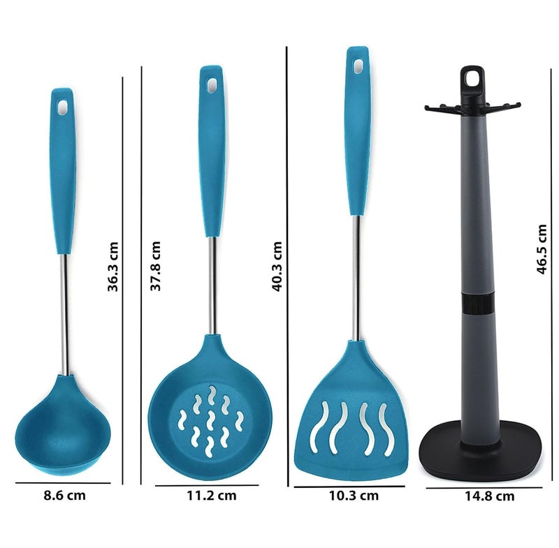 P Plus Fire Non Stick Spoon Silicone Spoon for Cooking Dosa Ladle Soup Ladle Poori Strainer Skimmer Spoon Slotted Spatula Turner Karandi Holder for Kitchen Spatulas Set of 4 Blue - Image 2