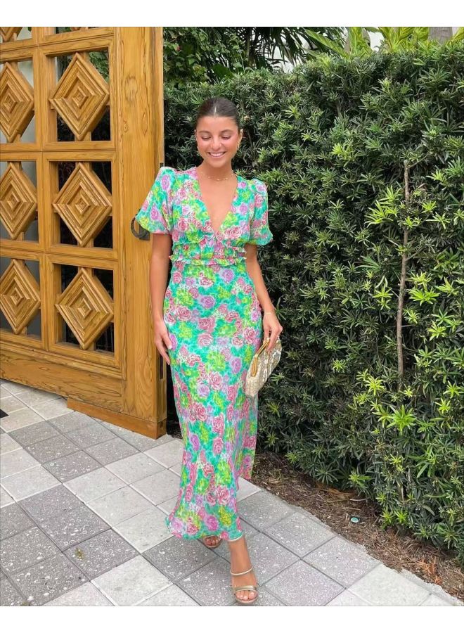 Summer French Style Puff Sleeve Vneck Fashion Printed Dress - Image 1