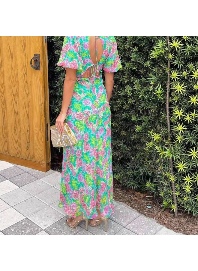 Summer French Style Puff Sleeve Vneck Fashion Printed Dress - Image 4