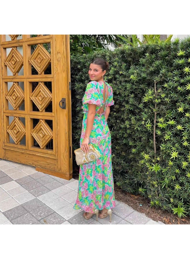 Summer French Style Puff Sleeve Vneck Fashion Printed Dress - Image 3