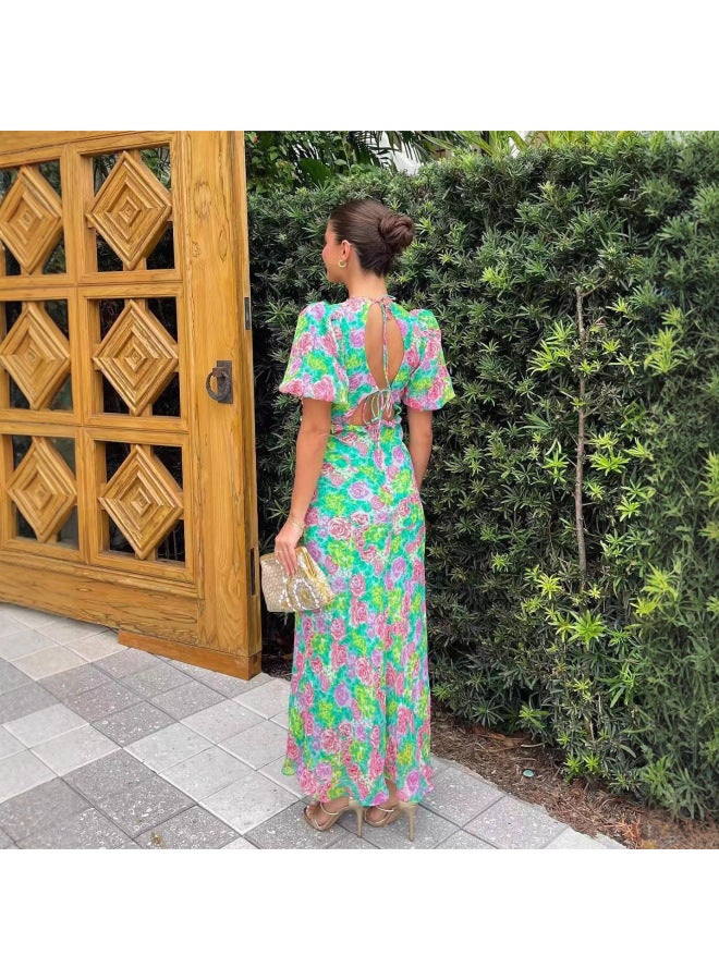 Summer French Style Puff Sleeve Vneck Fashion Printed Dress - Image 2