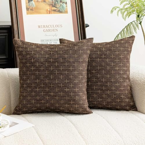 WACOMECO Textured Throw Pillow Covers, Pack of 2 Decorative Burlap Linen Farmhouse Cushion Covers for Couch Sofa Home Decoration, 18x18 inch, Dark Brown - Image 1