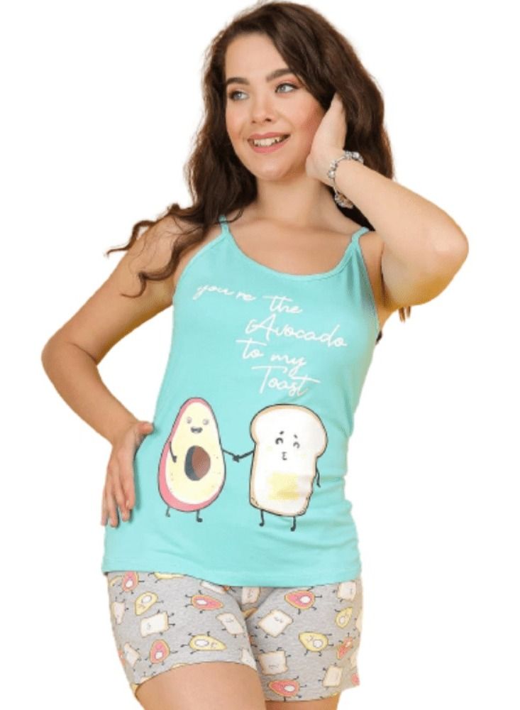 جنة طقم هوت شورت قطن بطبعات وحماله رفيعه منزليه للنساء