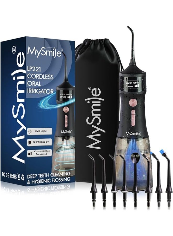 MySmile LP221 UVC Sterilizable Cordless Water Flossers for Teeth 335ML Portable OLED Display Dental Flosser with 4 Modes 8 Jet Tips and a Storage Pouch for Home and Travel Juicy Black - Image 1