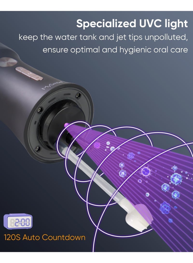 MySmile LP221 UVC Sterilizable Cordless Water Flossers for Teeth 335ML Portable OLED Display Dental Flosser with 4 Modes 8 Jet Tips and a Storage Pouch for Home and Travel Juicy Black - Image 3