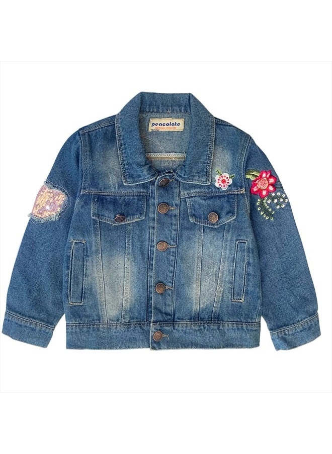 Peacolate - 3-11Years Little Big Girls Embroider Rainbow Birds and Flowers Denim Jacket(5-6Years) - Image 1