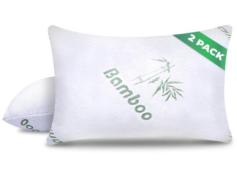 Memory Foam Pillows Queen Size Set of 2  Cooling Bed Pillows for Sleeping  Back Stomach Side Sleeper Firm Comfy Cool Shredded  2 Pack Rayon Derived from Bamboo