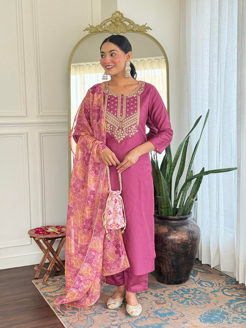 Naixa Women's Rayon Embroidered Straight Kurta with Pant and Dupatta Sets (NX2-717-Pink-L) - Image 2