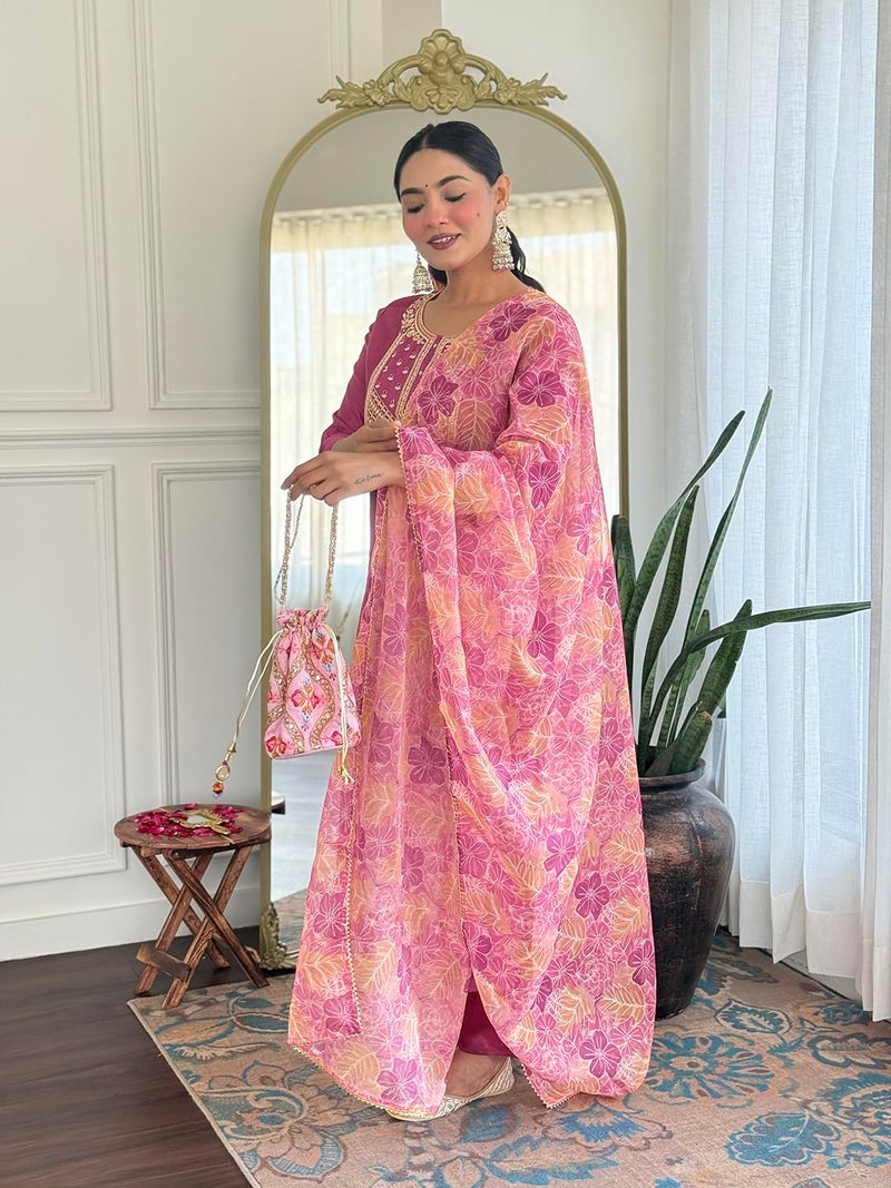 Naixa Women's Rayon Embroidered Straight Kurta with Pant and Dupatta Sets (NX2-717-Pink-L) - Image 3
